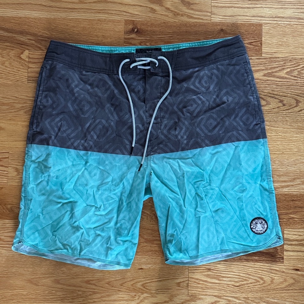 Men's Two-Tone Black and Teal Board Shorts with Drawstring